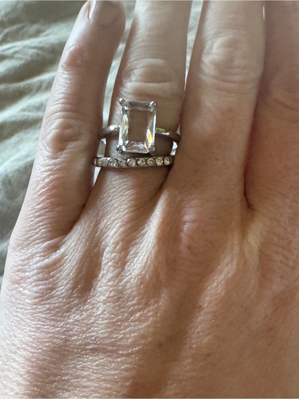 Silver-Toned Crystal Solitaire & Pavé Band Ring Set - Size 7! NEW!
